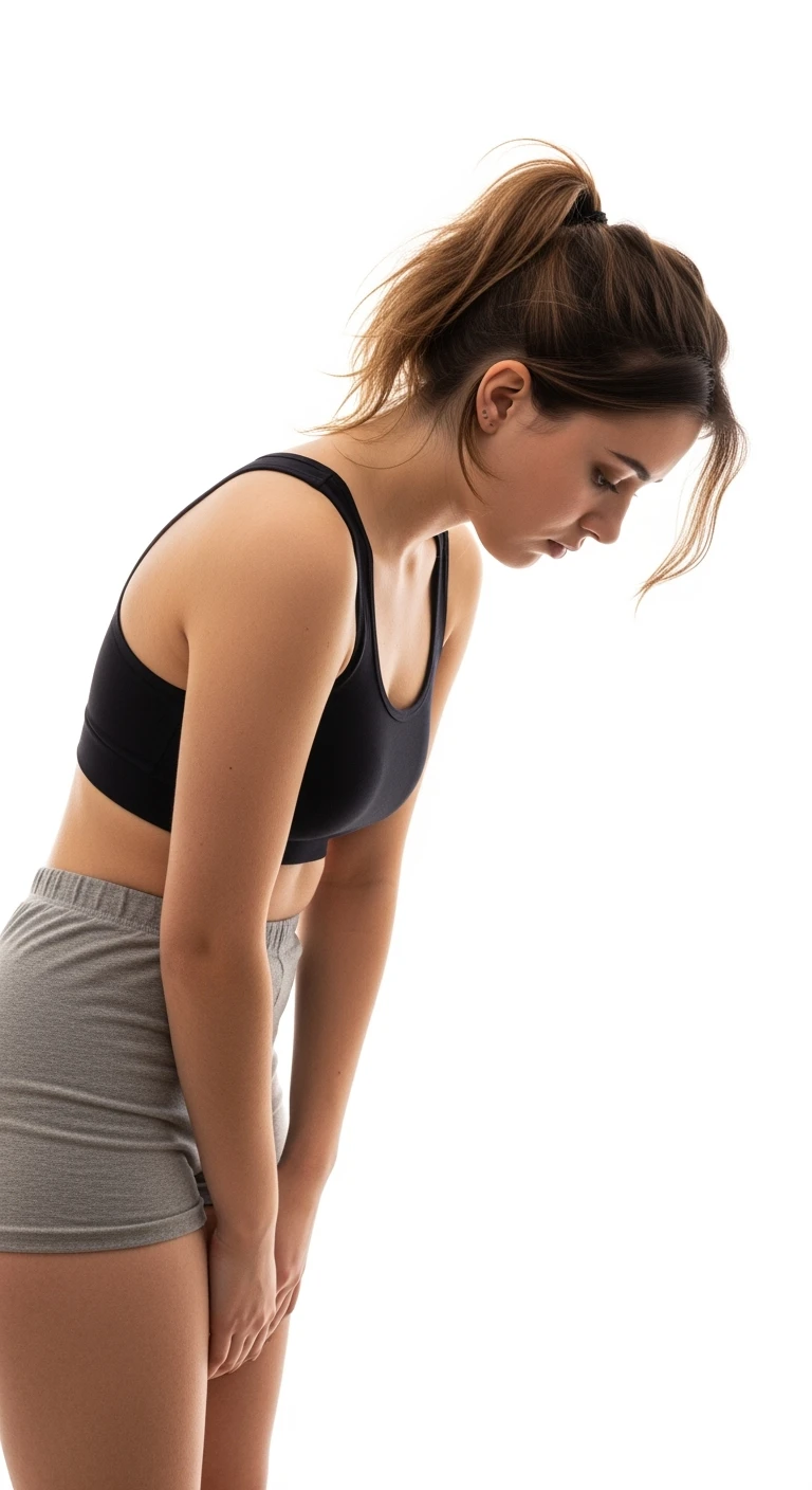 donna giovane con cellulite in gym short leggermente piegata in avanti, con espressione dispiaciuta in volto isolata su sfondo bianco emoji