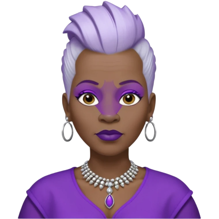 57yr old Qeen black woman with long oval shaped face with a white colored  natural hair mohawk style haircut adorning purple royalty clothing and purle lipstick, with 2 nose studs on each nostril  emoji