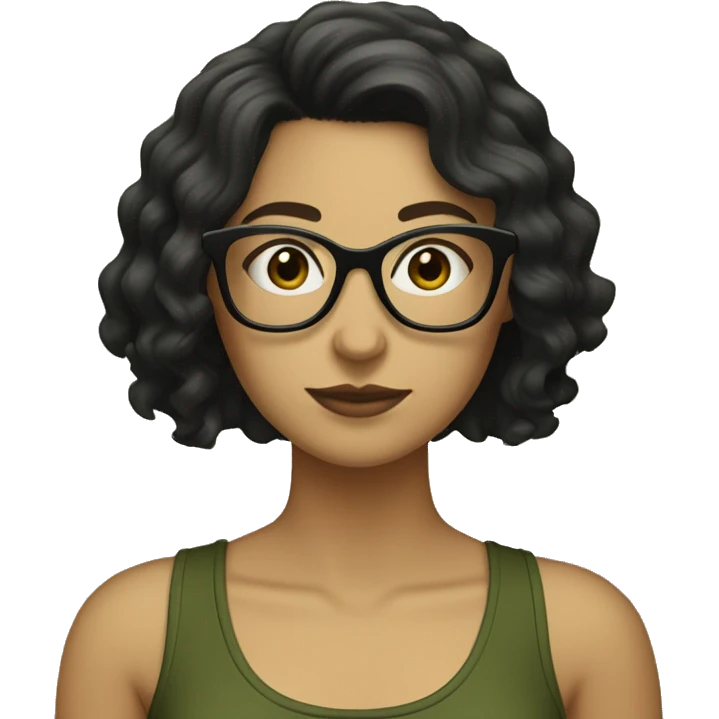 white skined woman with wavy black hair with a olive green tank top with glasses tortoise  emoji