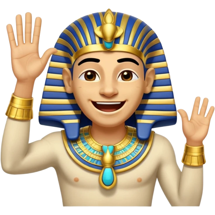 Animated sticker of a funny Ancient Egyptian Pharaoh laughing and energetically waving his hand, welcoming new members, cartoonish style, colorful with shiny gold details, expressive face, small and clear for Discord use, playful and lively motion.
 emoji