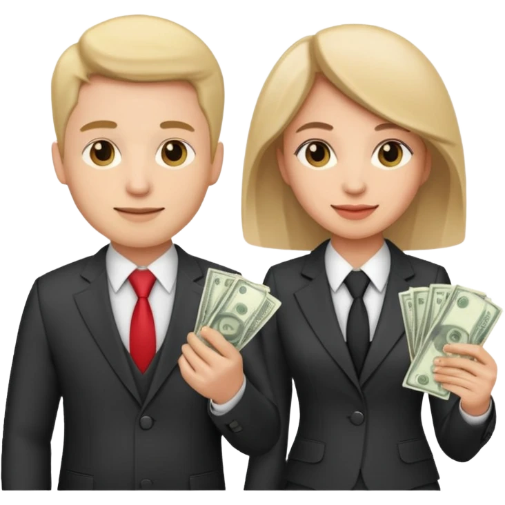 Una pareja (chico y chica de 28 años) vestidos con traje profesional y con dinero emoji