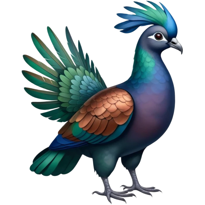 Nicobar pigeon with iridescent blue, green and copper-colored plumage, distinctive white tail emoji