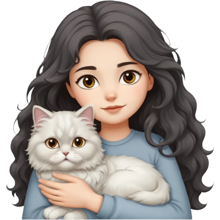 a girl with long dark wavy hair hug a fluffy persian cat with dominant white body and gray on its forehead  emoji
