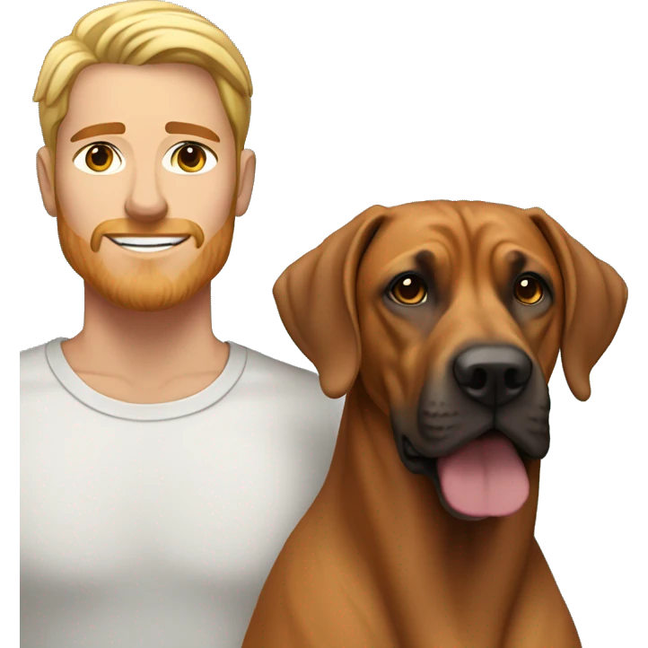 white male with long rainbow colored hair standing alongside a brown rhodesian ridgeback emoji