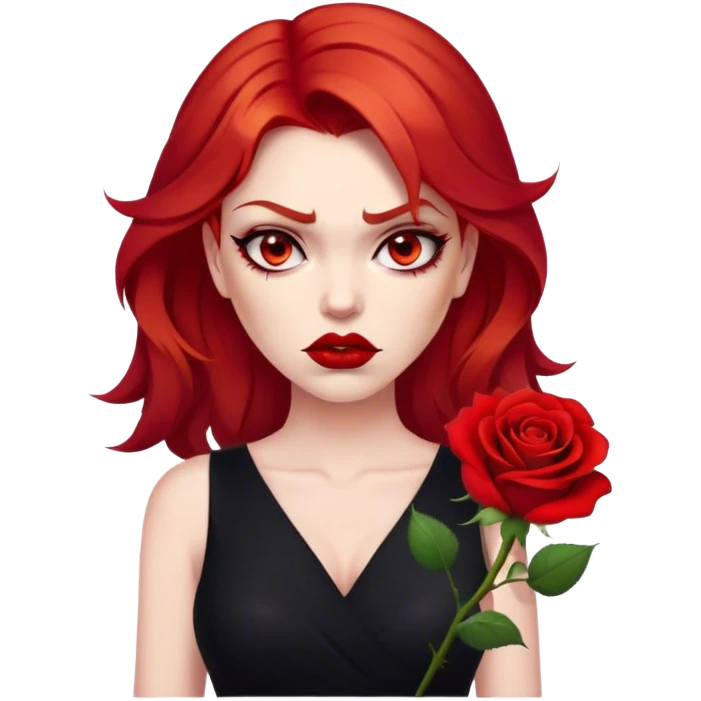 a beautiful very angry woman with red hair and red eyes. The woman wear a black little cutted dress. She have red lipstick and she have a seductive look. She have a rose flower in her hair emoji