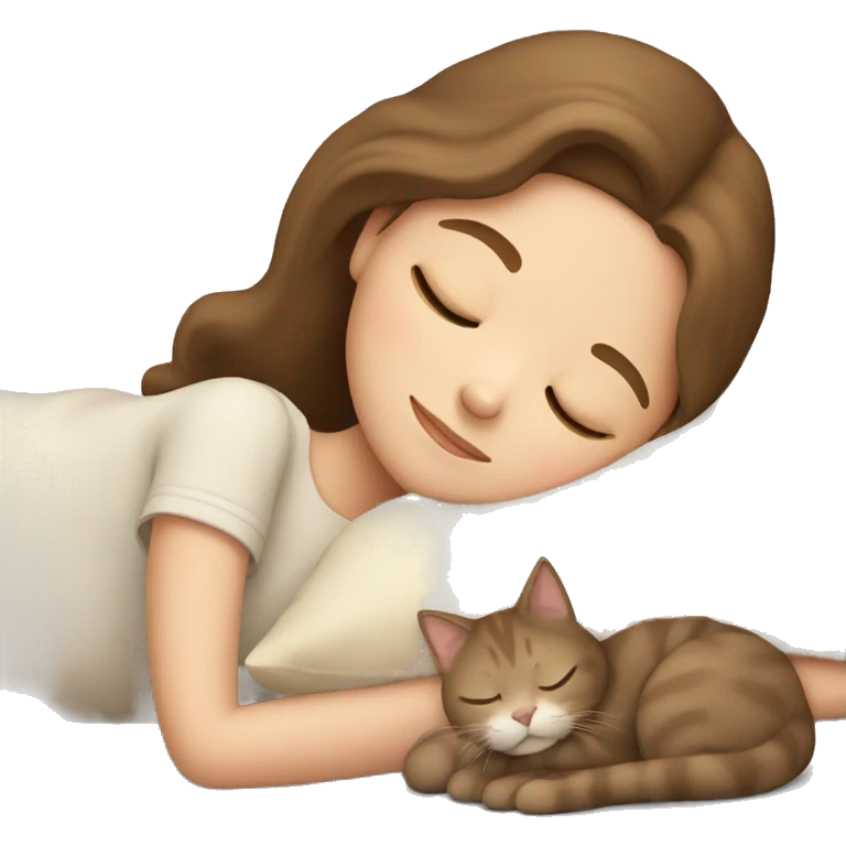 Girl with brown hair sleeping with beige cat emoji