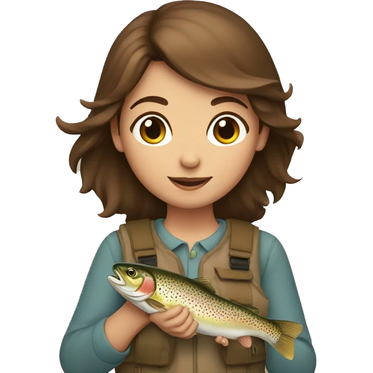 Brown haired girl holding trout across chest emoji