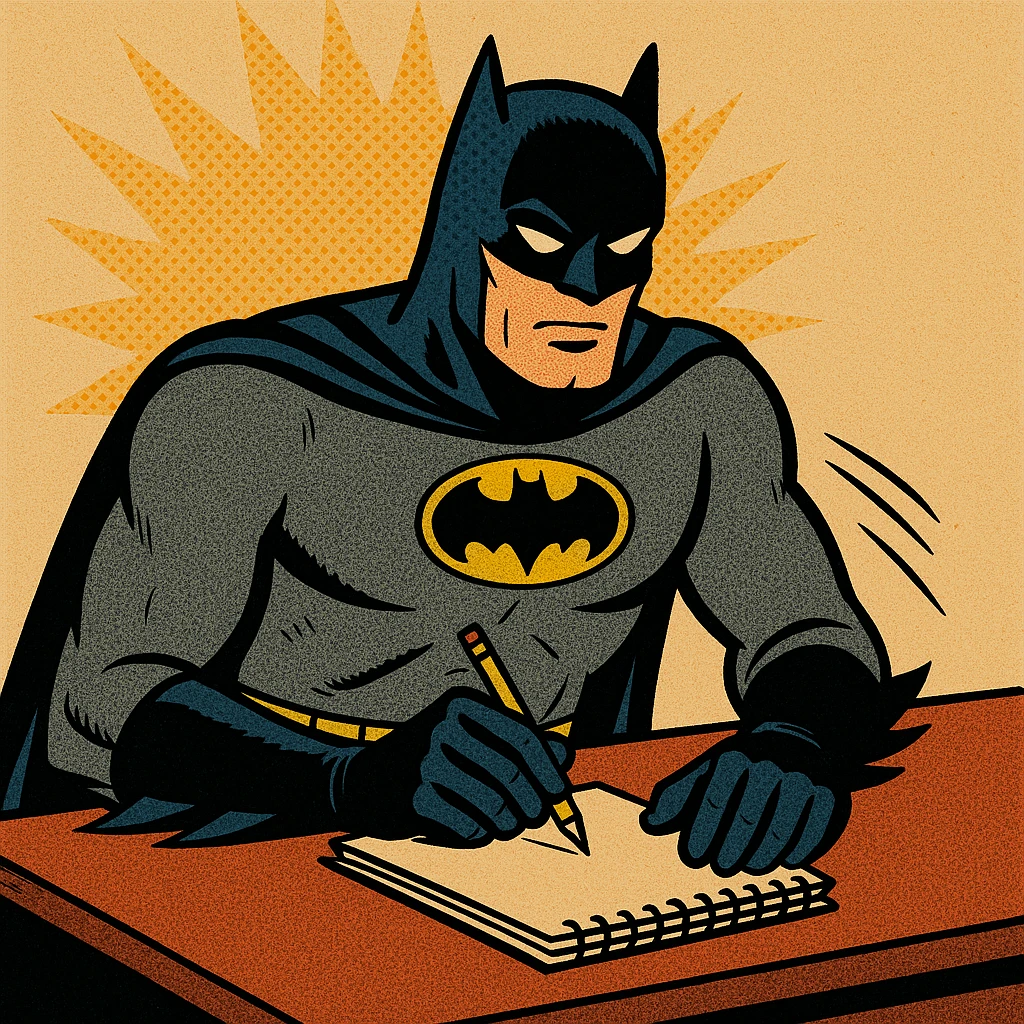 Batman sitting at a desk, taking notes, comic style emoji