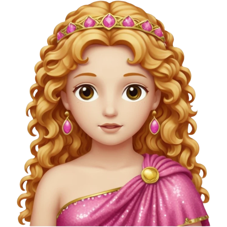 Venus, Goddess of Love from Roman Deities with long strawberry blonde wavy hair, pink sequin toga emoji