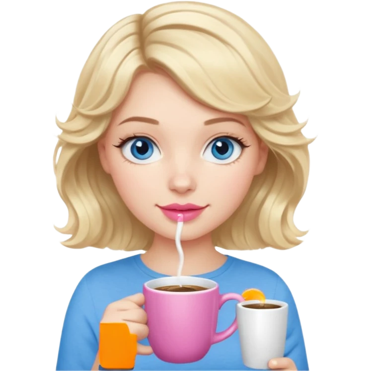 Girl Blonde short wavy hair,  blue eyes, cute blue top, long lashes, pink lips, holding hot white coffee mug emoji