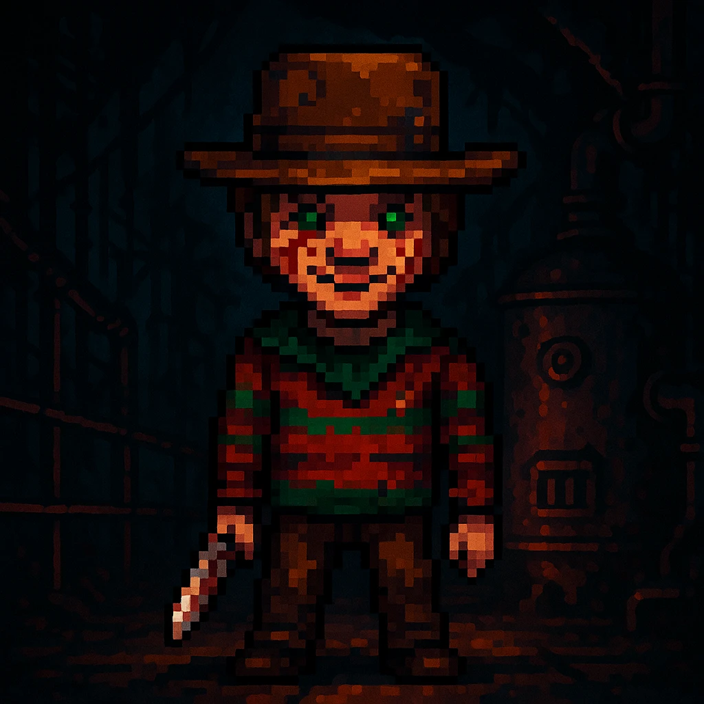 Add a spooky, nightmarish background with a boiler room and dark shadows behind Freddy Krueger, keep pixel art style emoji