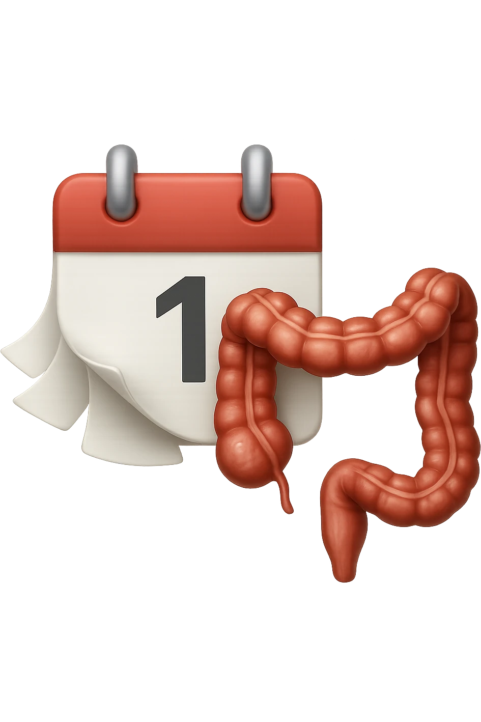 emoji stile iphone di un calendario con fogli che volano insieme a pezzi anatomici di colon umano, iperrealistico 4k, isolato su sfondo bianco emoji