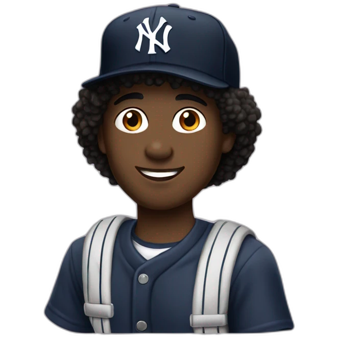 20yo black and curly hair man with a MacBook and a yankees cap emoji