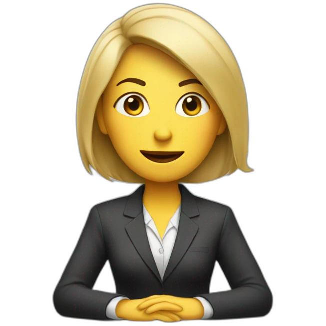 Woman wearing a suit sitting on the table telling the news towards the camera emoji