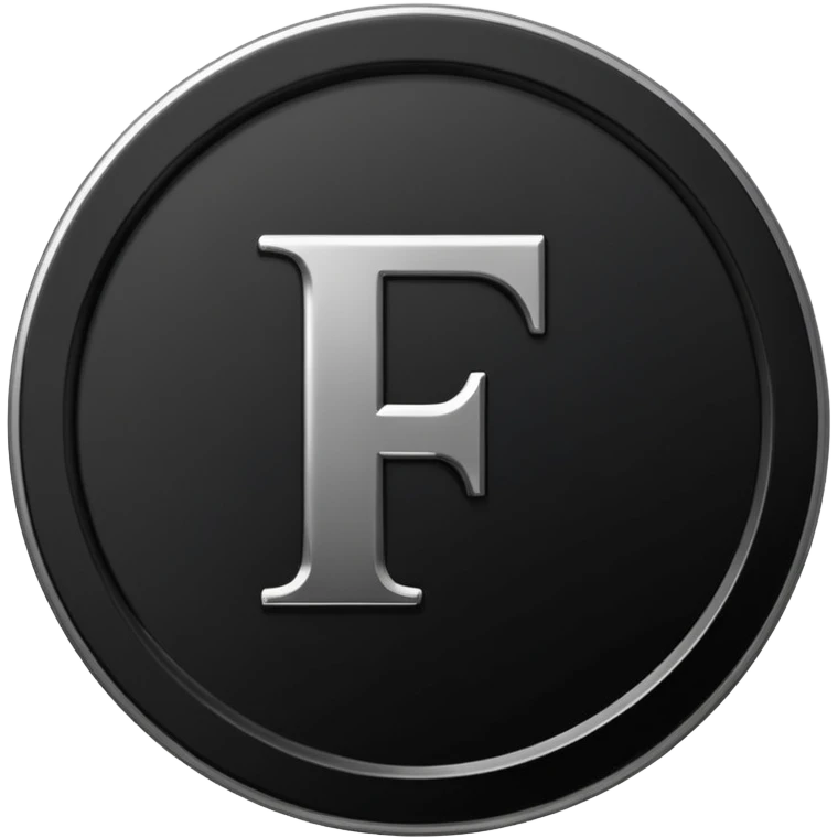 Emoji icon of a black coin with engraved letter F, minimalist style, isolated, only black color emoji