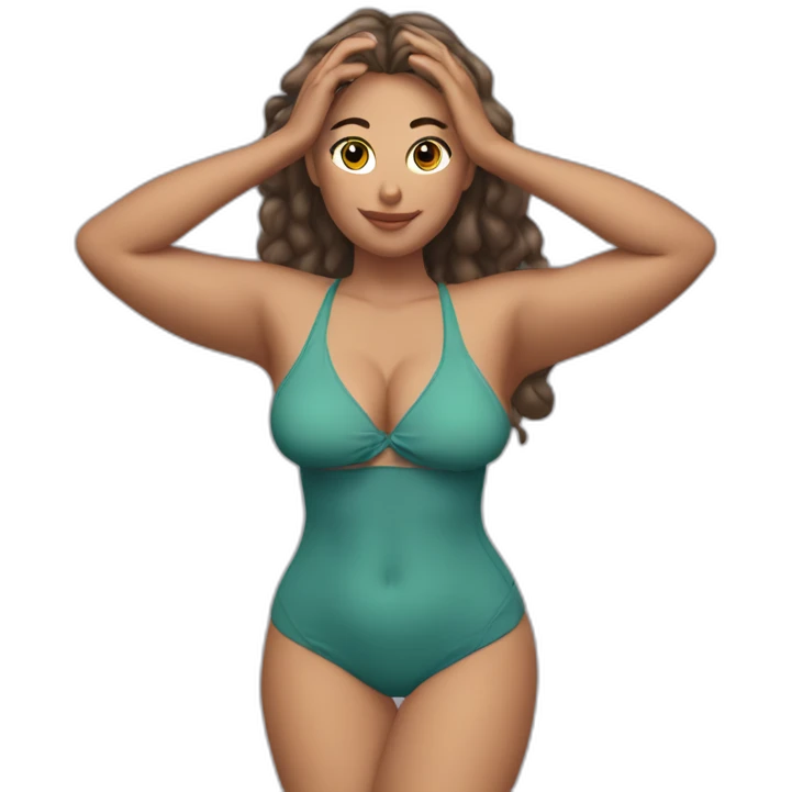 Slim-thicc Caucasian woman bikini hands in hair pose (beach body) emoji