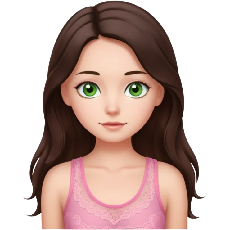 super long haired brunette with middle part cute pink lacy tank white but tan green eyes hairflip emoji