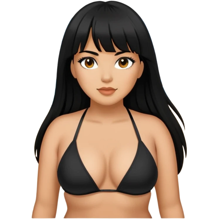 Latina female with bangs black long hair plus size in the beach with black bikini emoji