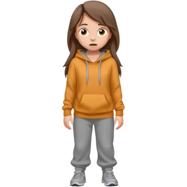 Chica grande  asustada de cuerpo completo mirado a la izquierda con pelo castaño largo y piel blanca  pantalones baggy  grises y hoodie gris  emoji