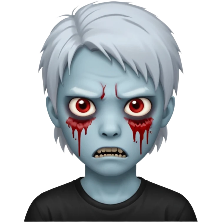 Create a 3D emoji-style avatar with very pale blue-grey zombie skin like the reference image, a young Asian face, and large eyes with blood tears. Give it white mullet-style hair, silver hoop earrings, and a simple black T-shirt. The expression should be slightly angry and has vampire teeth emoji