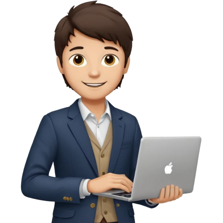 a light tan boy with messy dark brown hair. Wearing a blazer and carrying a lapotop. watch on wrist emoji