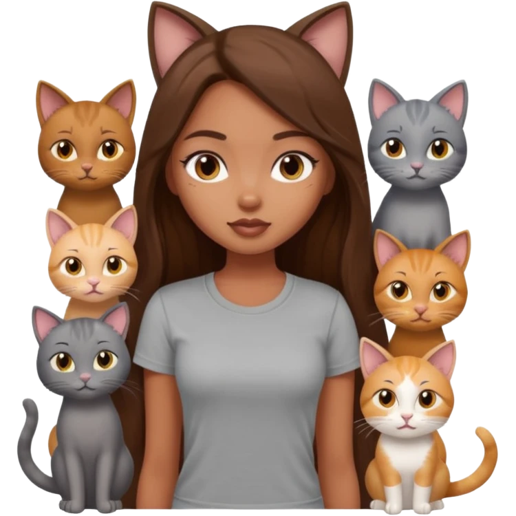 a pretty bratz dusky girl with long brown hair with six cats nd wearing a grey tshirt emoji