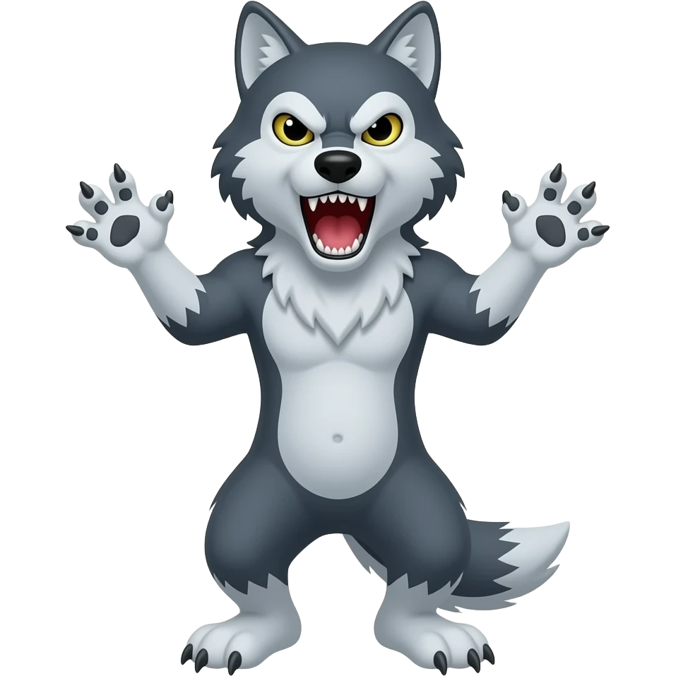 lobo con la boca abierta enfadado con las  garras pero que tenga 2 patas y que este de pie emoji