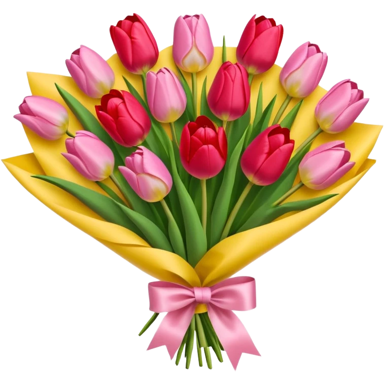 bouquet of tulip with bow and yellow wrapping paper emoji