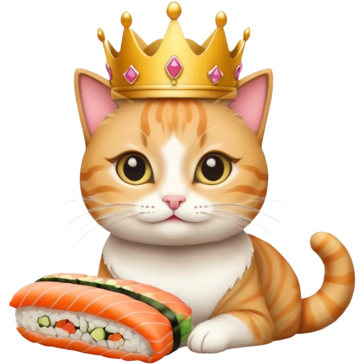 princess cat eating sushi, big eyes, eating sushi roll, simple crown, emoji style emoji