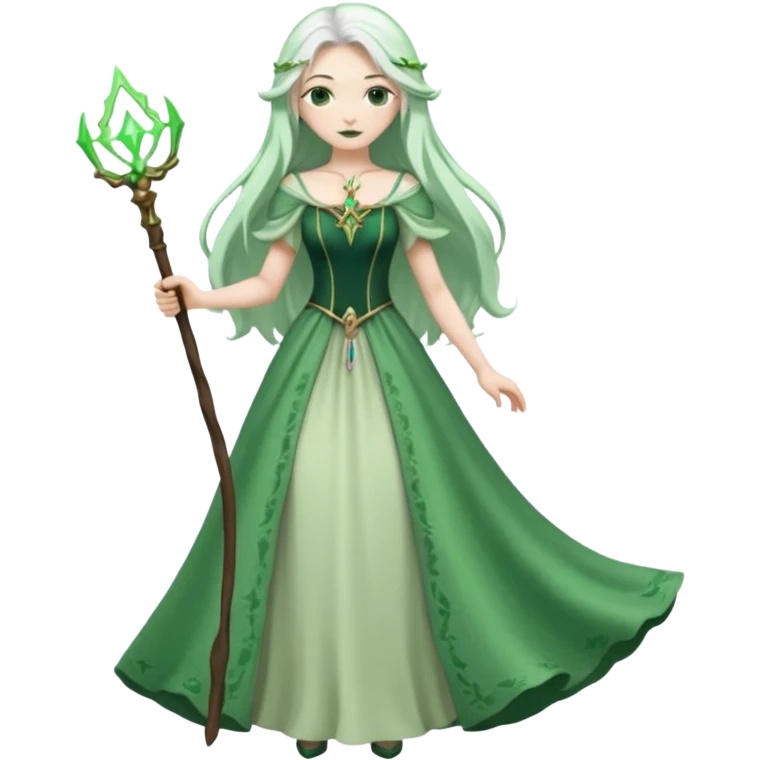 Woman with green skin color with white color long hair and carrying a magic wand emoji