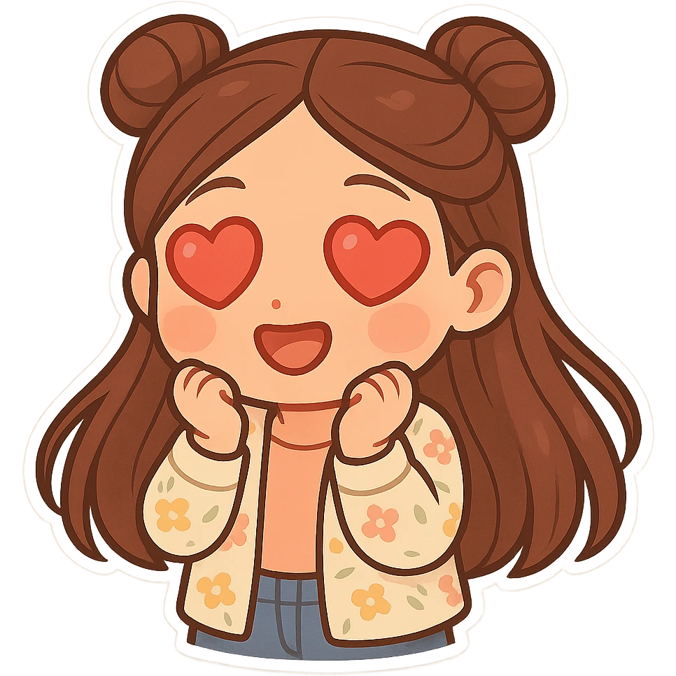 Create a chibi sticker of the girl from the reference image. She has brown straight hair styled in double buns, brown eyes, wearing a pastel floral cardigan and jeans. The expression is in love with heart eyes. The sticker should have a white outline and a transparent background, sized 512x512px. emoji