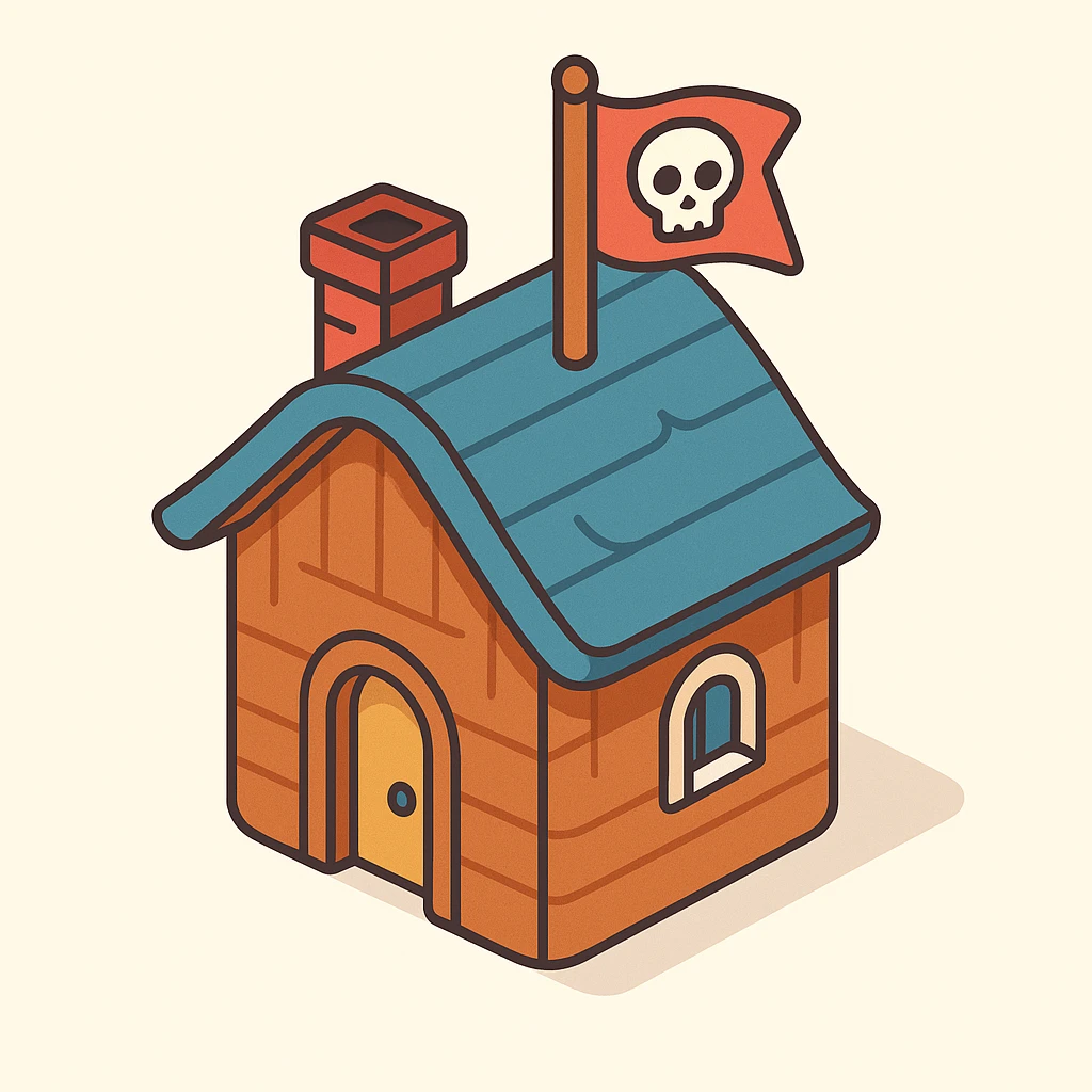 old pirate's house with skull flag emoji