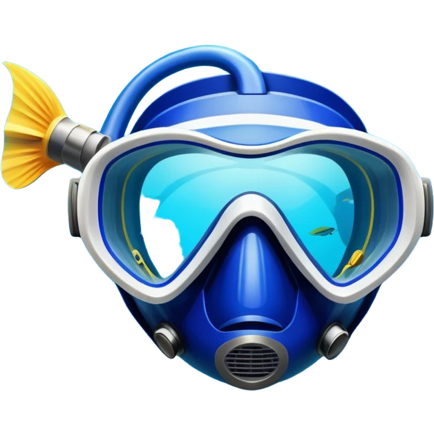 An icon featuring a close-up of a diving mask, snorkel, and fins floating on the surface of vibrant blue water. In the background, coral reefs and tropical fish create a lively underwater scene. Transparent background highlights the beauty and adventure of the diving experience. emoji