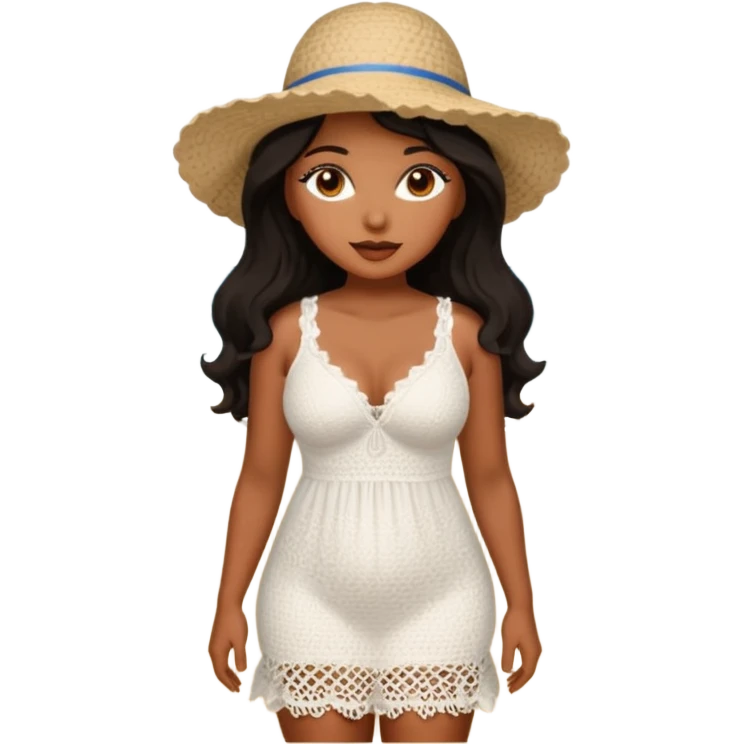 Curvy woman with brown skin with long wavy black hair, brown eyes. She's wearing a white crotchet dress standing on a beach emoji