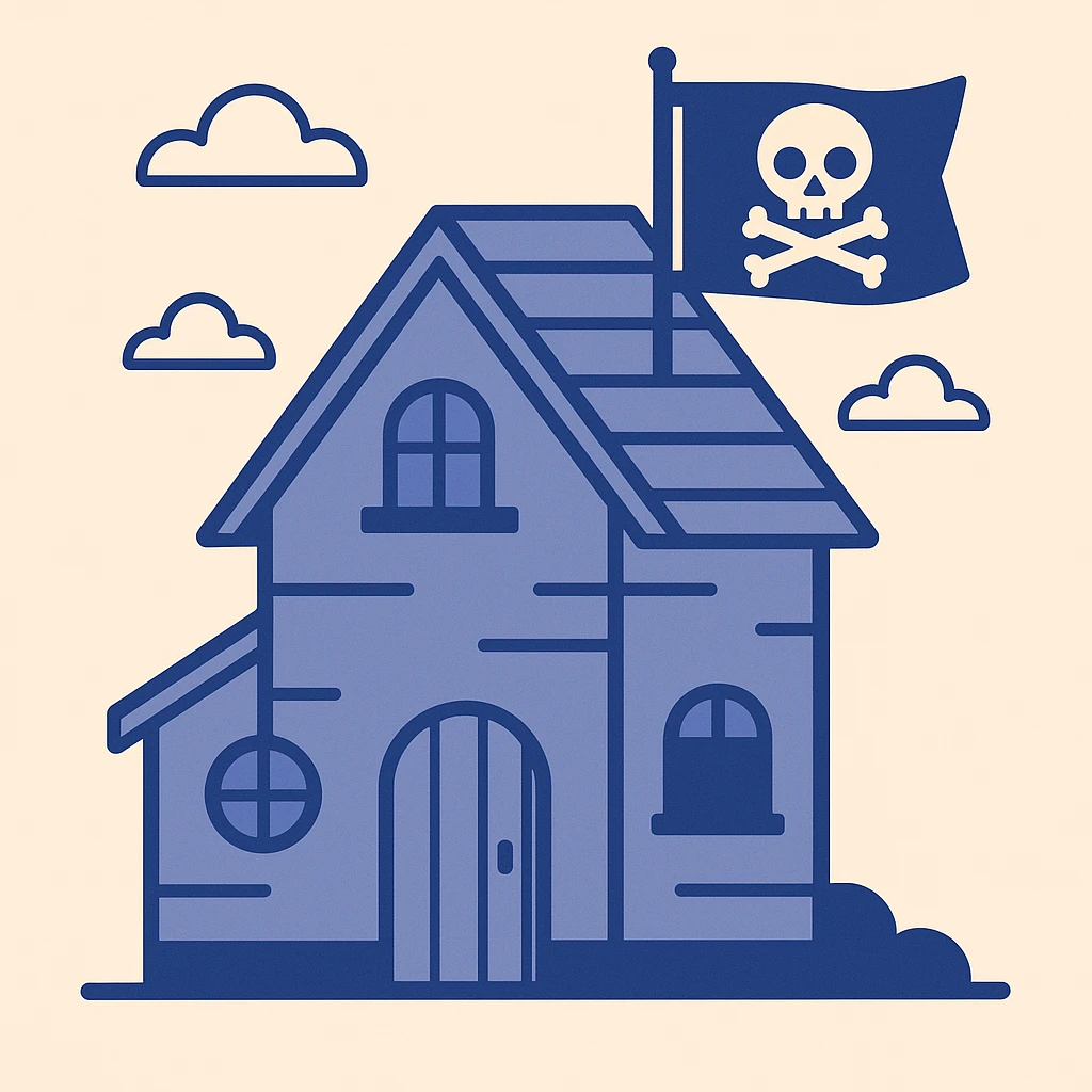 old pirate's house with skull flag emoji