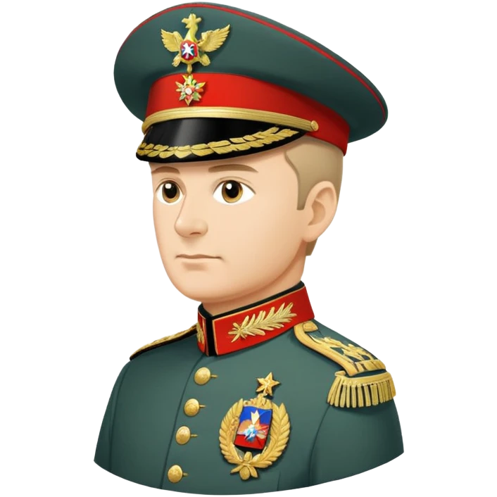 Russian military general in formal uniform with medals and epaulettes, turned slightly to the left, military hat, profile view emoji