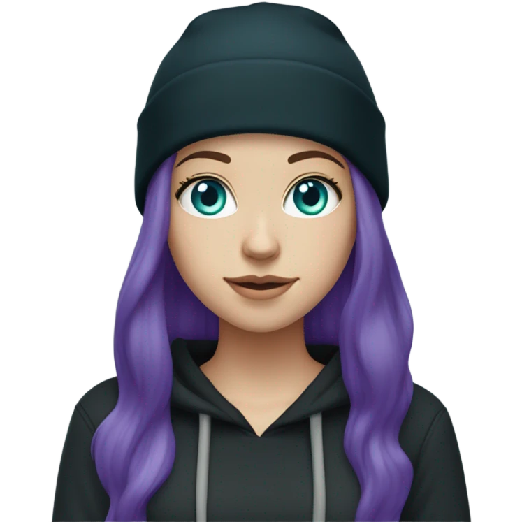 White girl, blue eyes, long teal hair, purple beanie hat, black hoodie, blue jeans, black shoes emoji