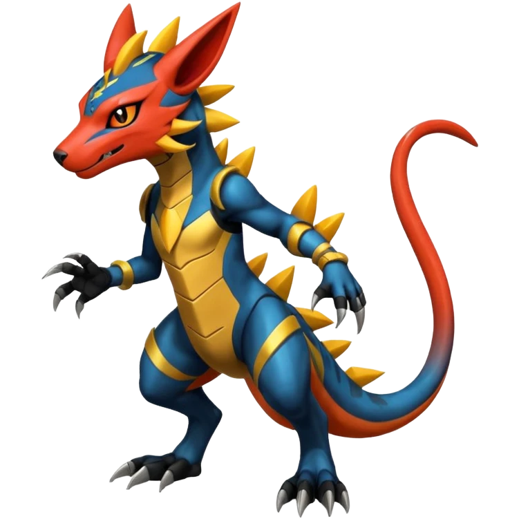 Modern anthropomorphic furry futuristic shiny colorful Zeraora-Salandit-Guilmon-fusion (full body) emoji