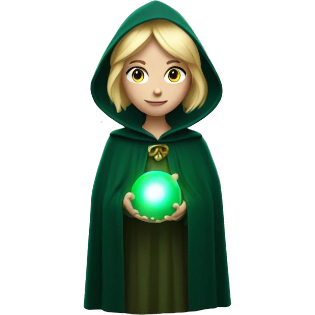 Blonde woman in dark green cloak holding a glowing orb emoji