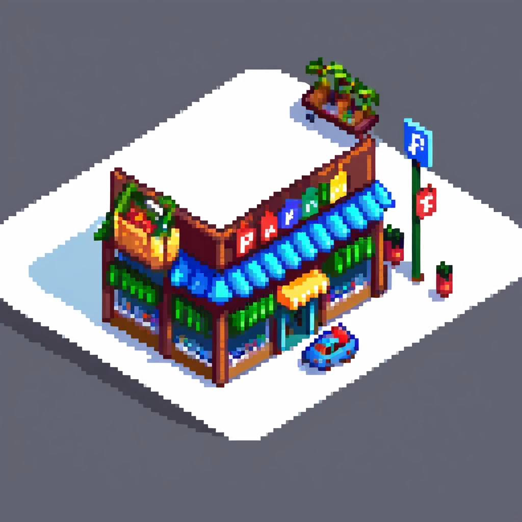 Isometric view of a supermarket building exterior with parking lot, shopping carts, and store sign emoji