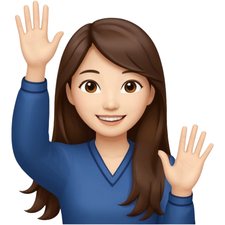 An Asian woman with long brown hair waving her hands emoji