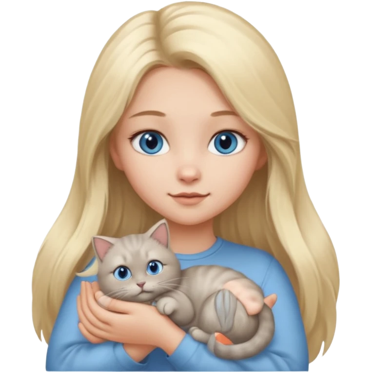 blonde girl with long blonde hair and blue eyes with chubby gray cat emoji