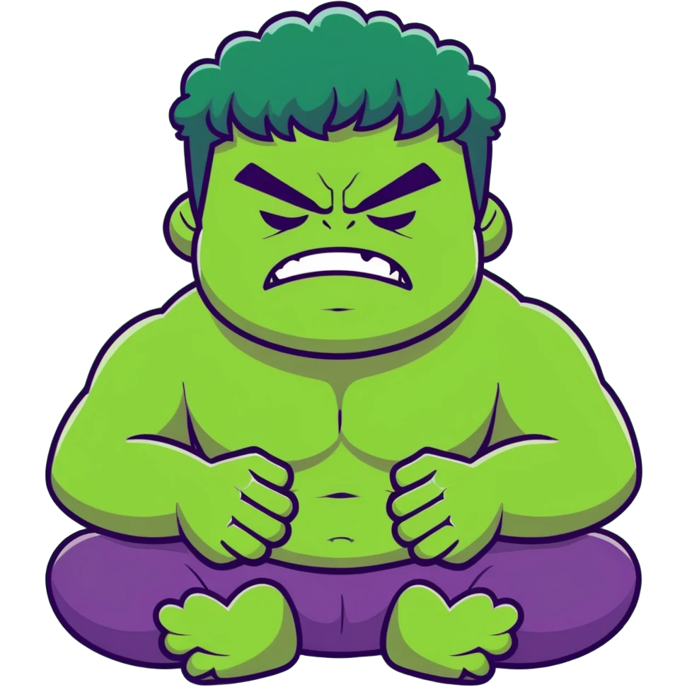 Hulk calming down, green superhero transitioning from angry to peaceful, breathing deeply, meditation pose, relaxing expression emoji