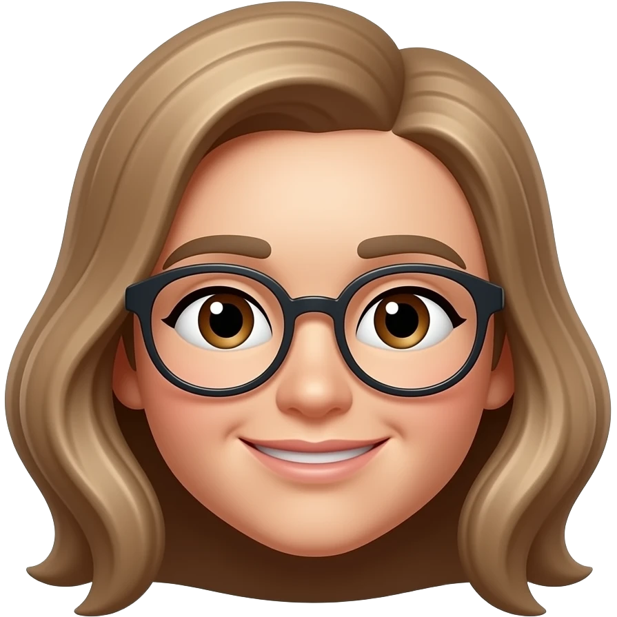 Apple Memoji style avatar of a woman, light skin tone, medium-length light brown hair slightly wavy with a side part, round thin dark glasses, brown eyes, oval face, natural eyebrows, friendly soft smile, realistic Apple memoji 3D style, portrait framing, neutral background, high quality render. emoji
