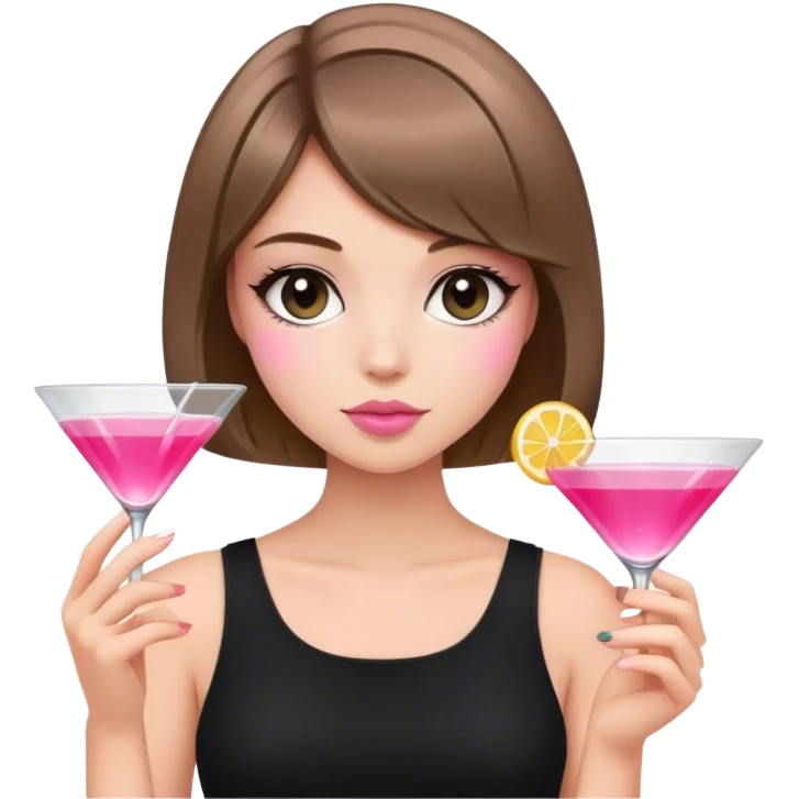 light brunette hair down bob girl black top holding a pink cosmo emoji