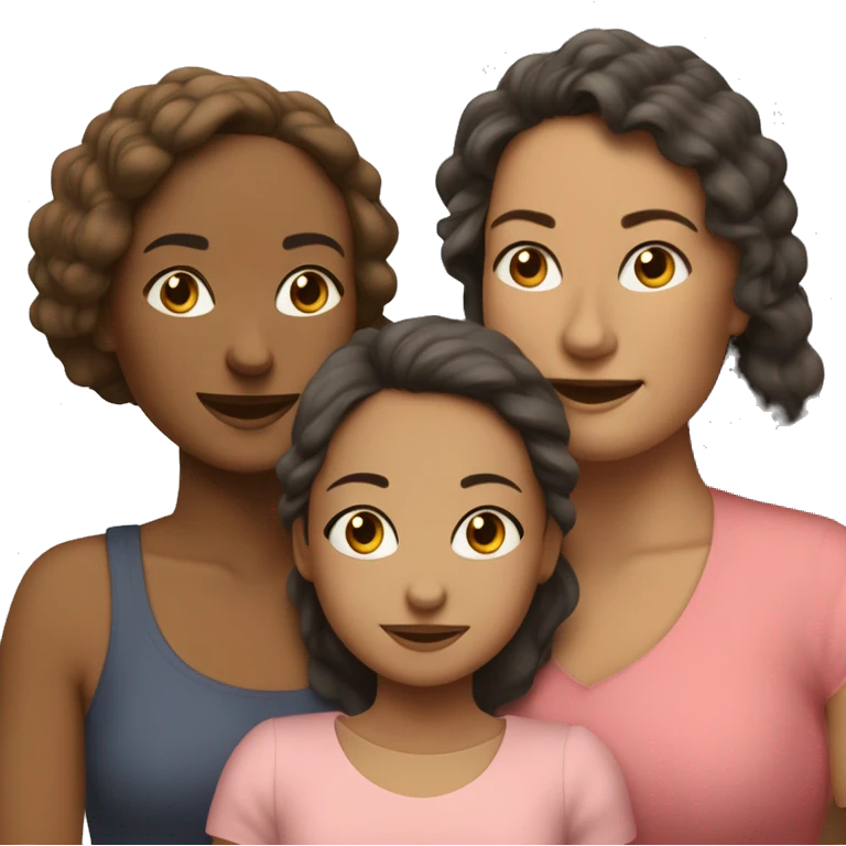 Madre pelo moreno, hija mayor pelo castaña ondulado e hija pequeña pelo castaña claro pelo lido dandose un abrazo emoji