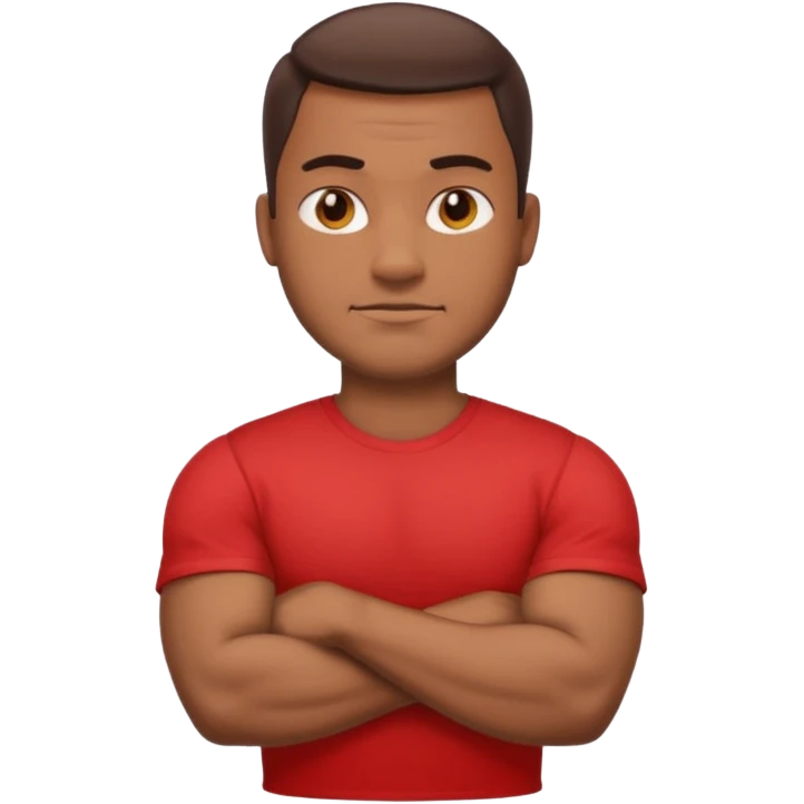 apple stylized emoji of a strong man, his arms crossed, white bg, he's in a red tee shirt emoji