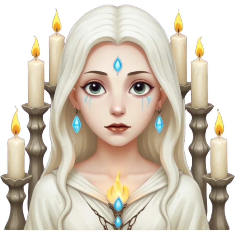 Pale sorceress lit by dozens of candles, wet skin glow, slow seductive gaze, dark fantasy cinema emoji