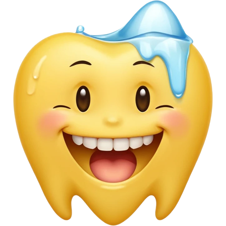 Yellow smiley face holding back tears with realistic watery eyes, and a big human tooth smile emoji