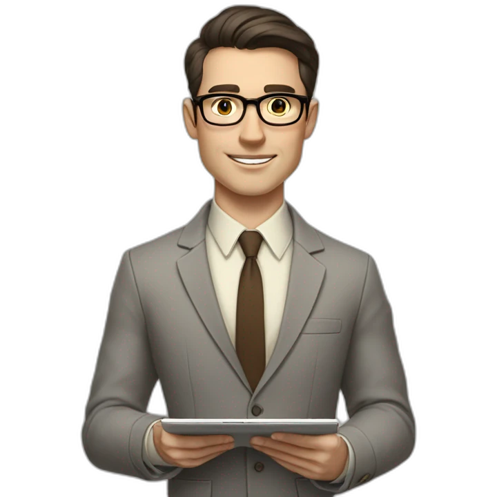 Pale skinned fit man with dark brown hair in gray jacket, beige office shirt, brown tie, brown pants and vintage glasses Writing on the tablet emoji